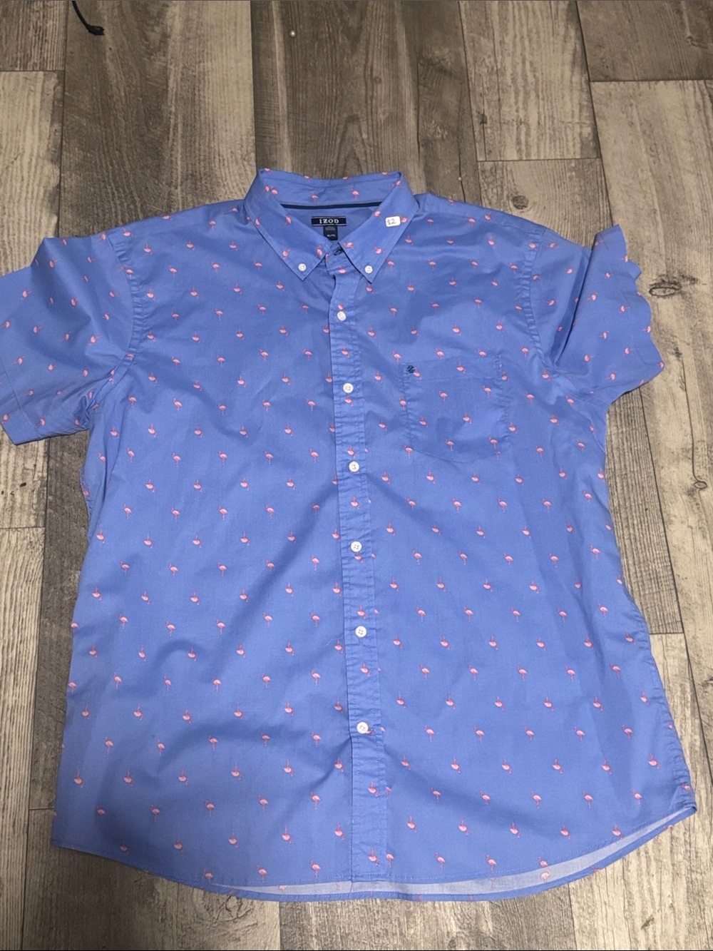 Izod Short-Sleeve Button-Down Shirt in Blue with Pink Print
